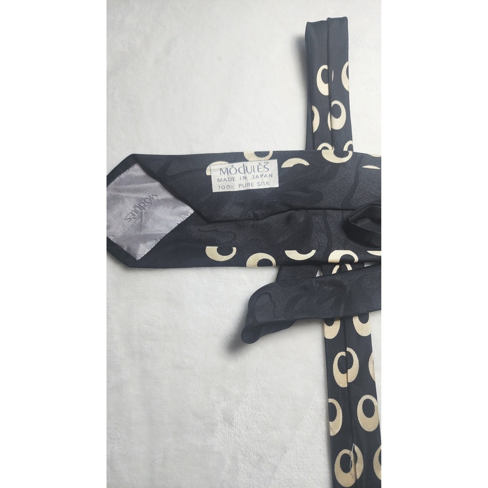 Modules Mens 100% Silk Tie Black Cream Geometric Oval Ring Pattern Made in Japan - Picture 2 of 3